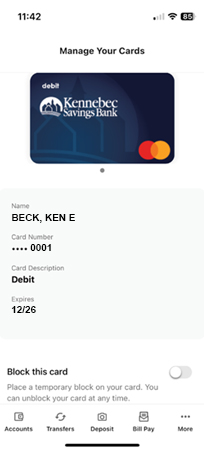 screenshot of Kennebec Savings Bank Manage your cards
