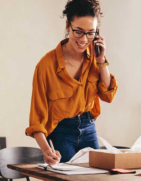 Woman talking on phone.